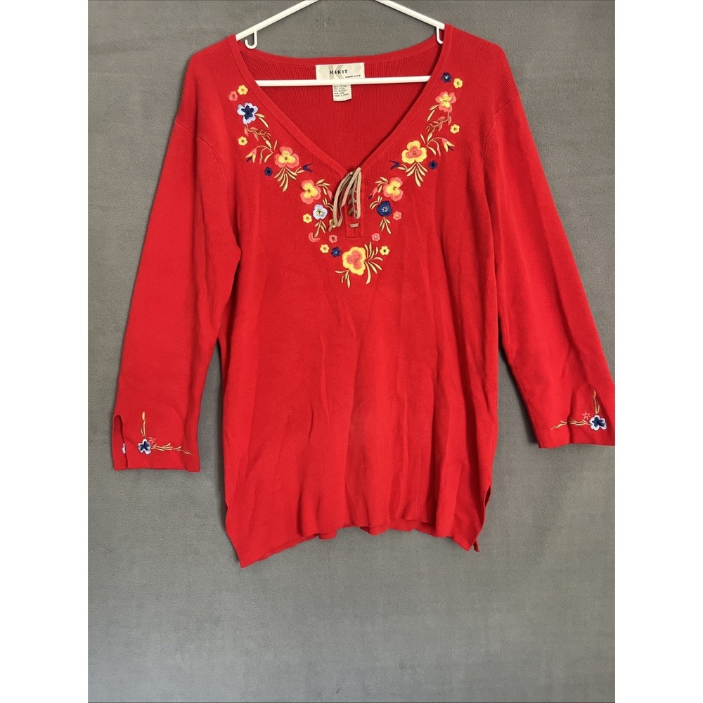 Kikit Vintage Women's Sweater M Red Floral Embroidery Cottagecore Mark‎ Sassoon